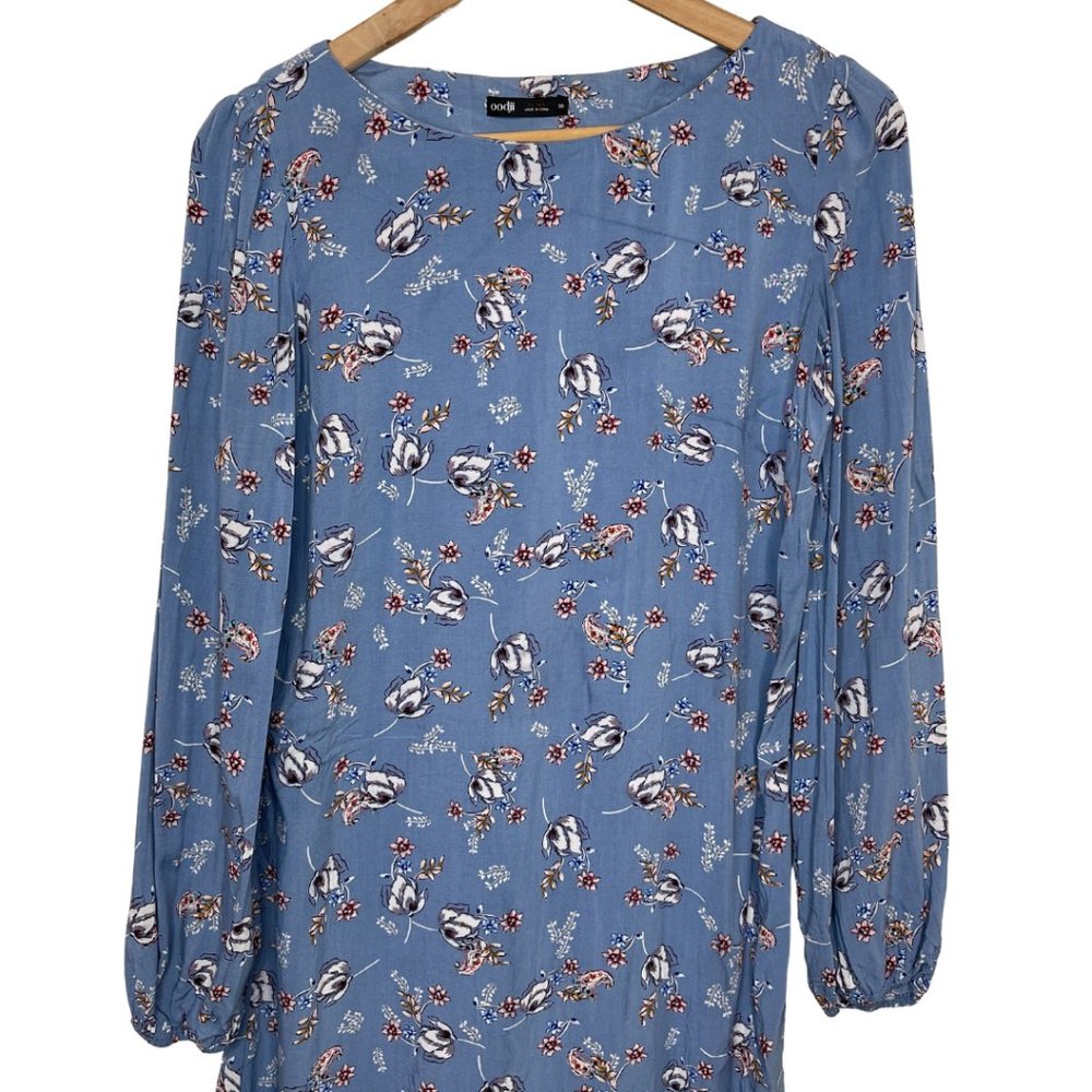 👗 OODJI | Blue Floral Dress Women Long Balloon Sleeves Shift | Size 38 - Picture 3 of 8